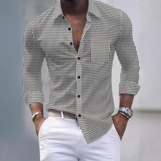 13-color men's shirt, light blue and white checkered long-sleeved shirt, slim fit, casual, business and commuting men's top.