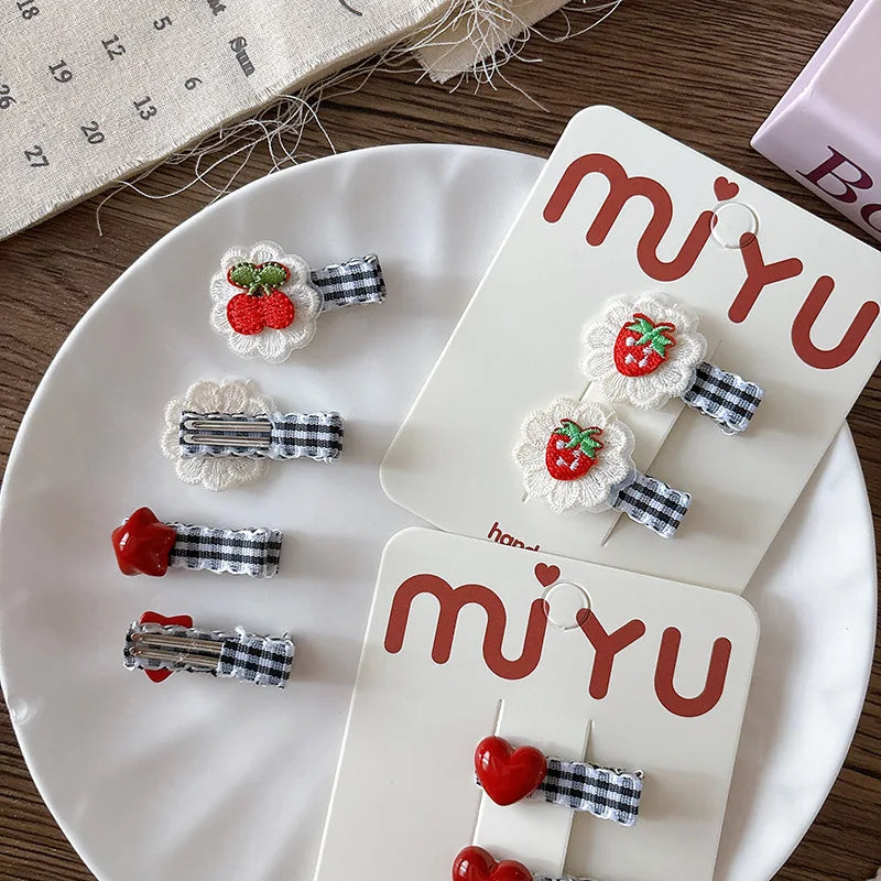 Plaid Red Lace Children Duckbill Clip Girls Embroidered Sweet Heart Hair Clip Children Cute Bangs Clips Headdress Kids Headwear