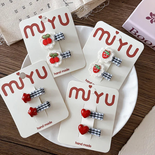 Plaid Red Lace Children Duckbill Clip Girls Embroidered Sweet Heart Hair Clip Children Cute Bangs Clips Headdress Kids Headwear