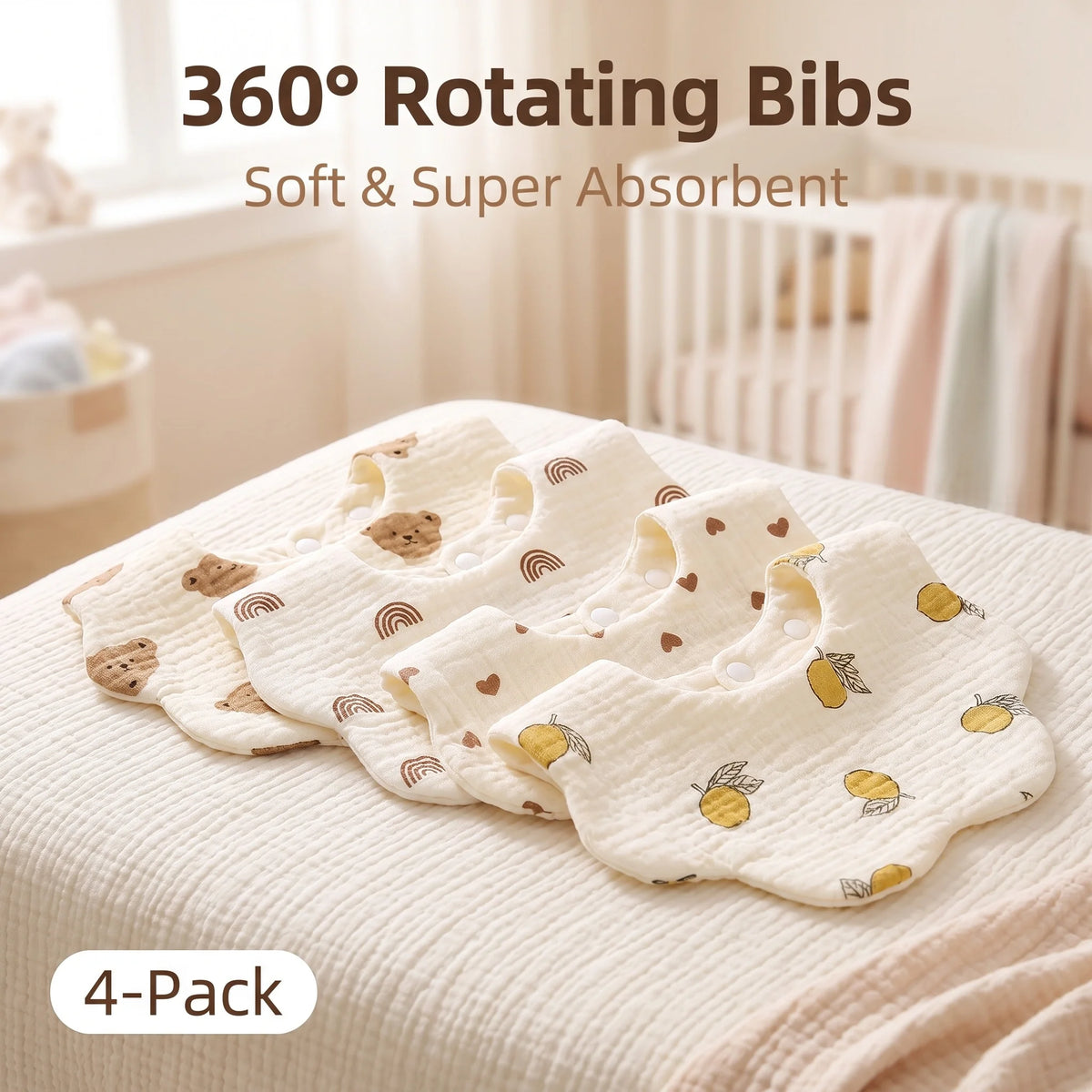 TDHD 6-Layer Crinkle Muslin Flower Baby Bib, 360° Rotating Super Absorbent Bib For Teething Drooling Babies