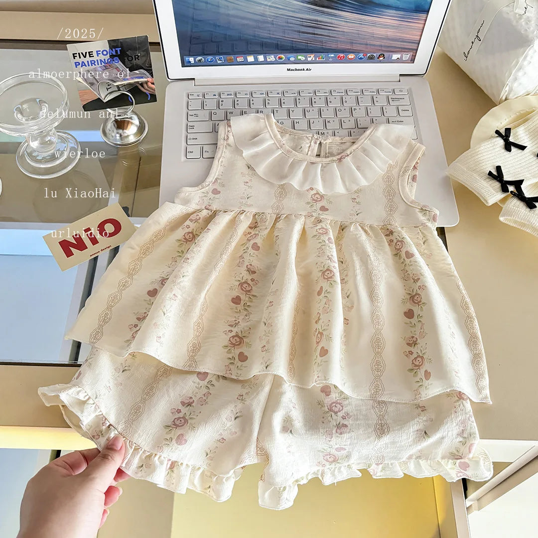 Two-Piece Set  Sleeveless Princess Dress with Floral Print, Summer Thin Outfit for Baby Girls Baby Girl Cute Floral Skirt