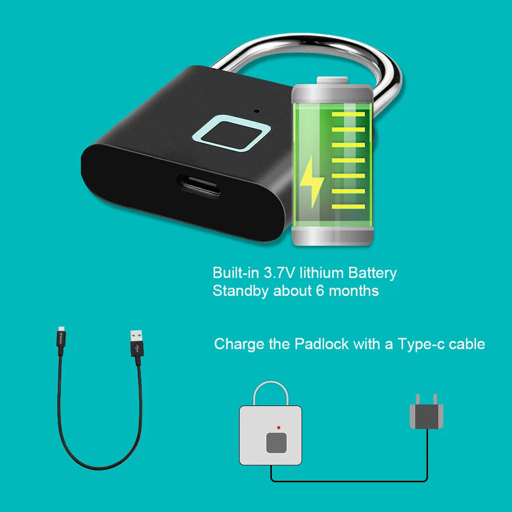 KERUI Smart Fingerprint Padlock Waterproof Fingerprint Keyless Door Lock Type C Rechargeable Security Padlock for House