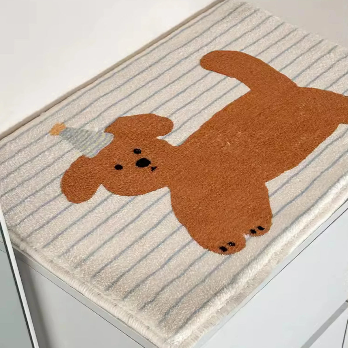 Striped puppy printed short fleece bathroom mat, cute style door mat, indoor small carpet