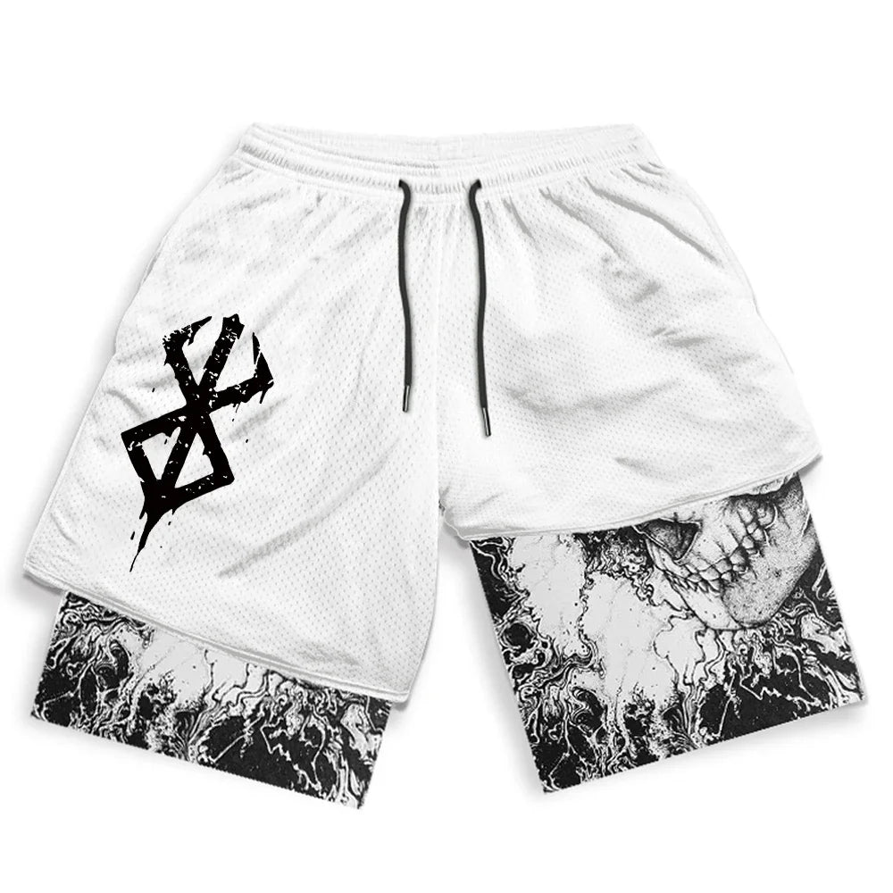 Sport Shorts Men 2 in 1 Gym Jogging Running Training Workout Shorts 3D Anime Berserk Breathable Beach Double-Layer Shorts Mens