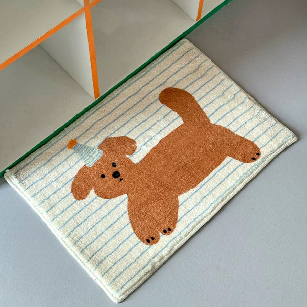 Striped puppy printed short fleece bathroom mat, cute style door mat, indoor small carpet