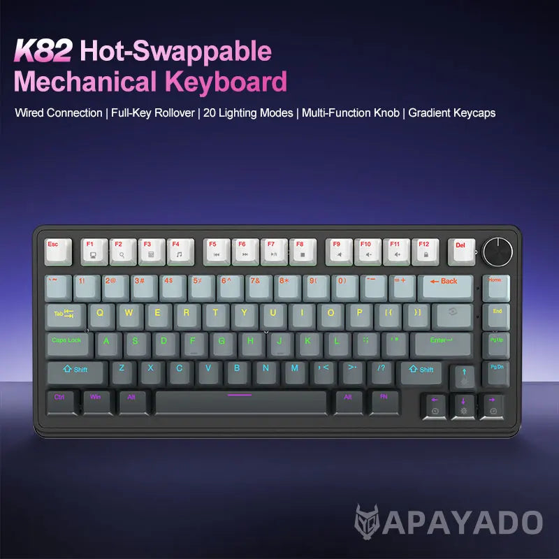 K82 USB Gaming Keyboard APAYADO Red/Blue Switch Option N-Key Rollover Ergonomic Compact 82 Keys for PC