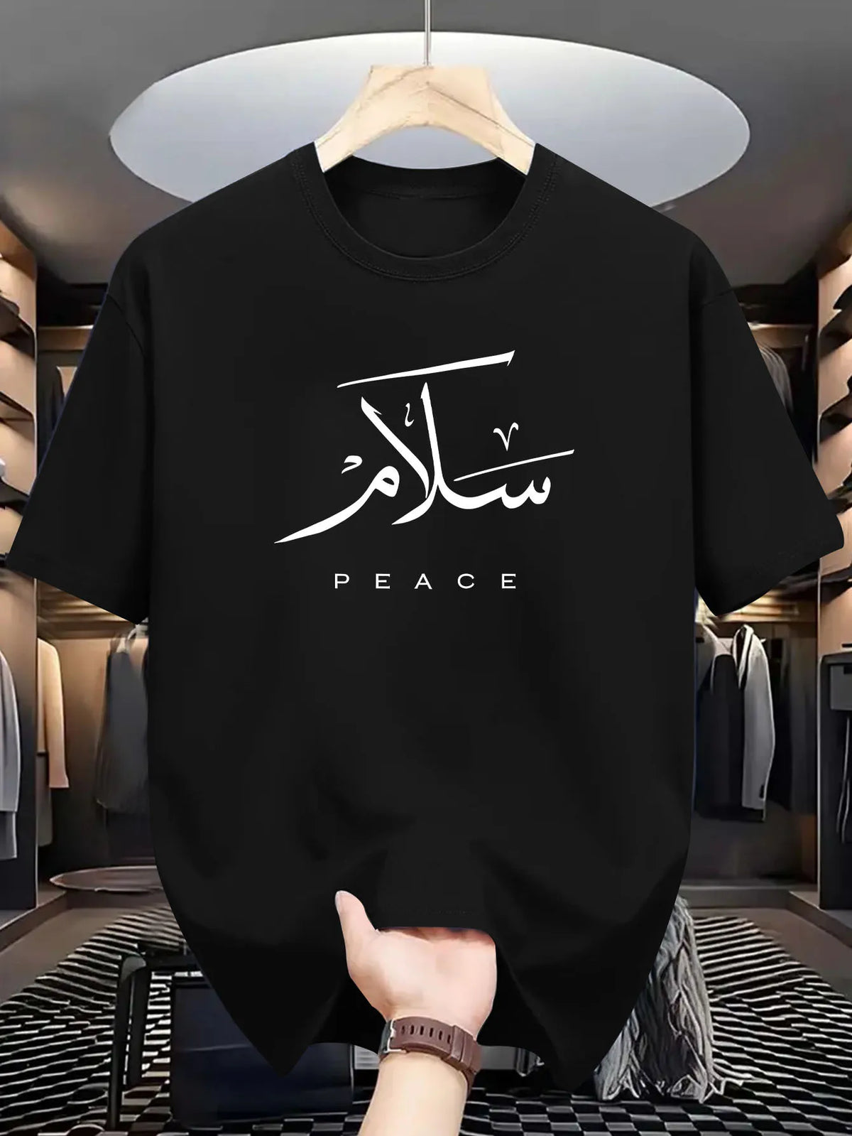 Arabic Calligraphy Peace Slogan Tee 100% Cotton Men's T-shirt Summer Minimalist Cultural Inspired Casual Urban Statement Top