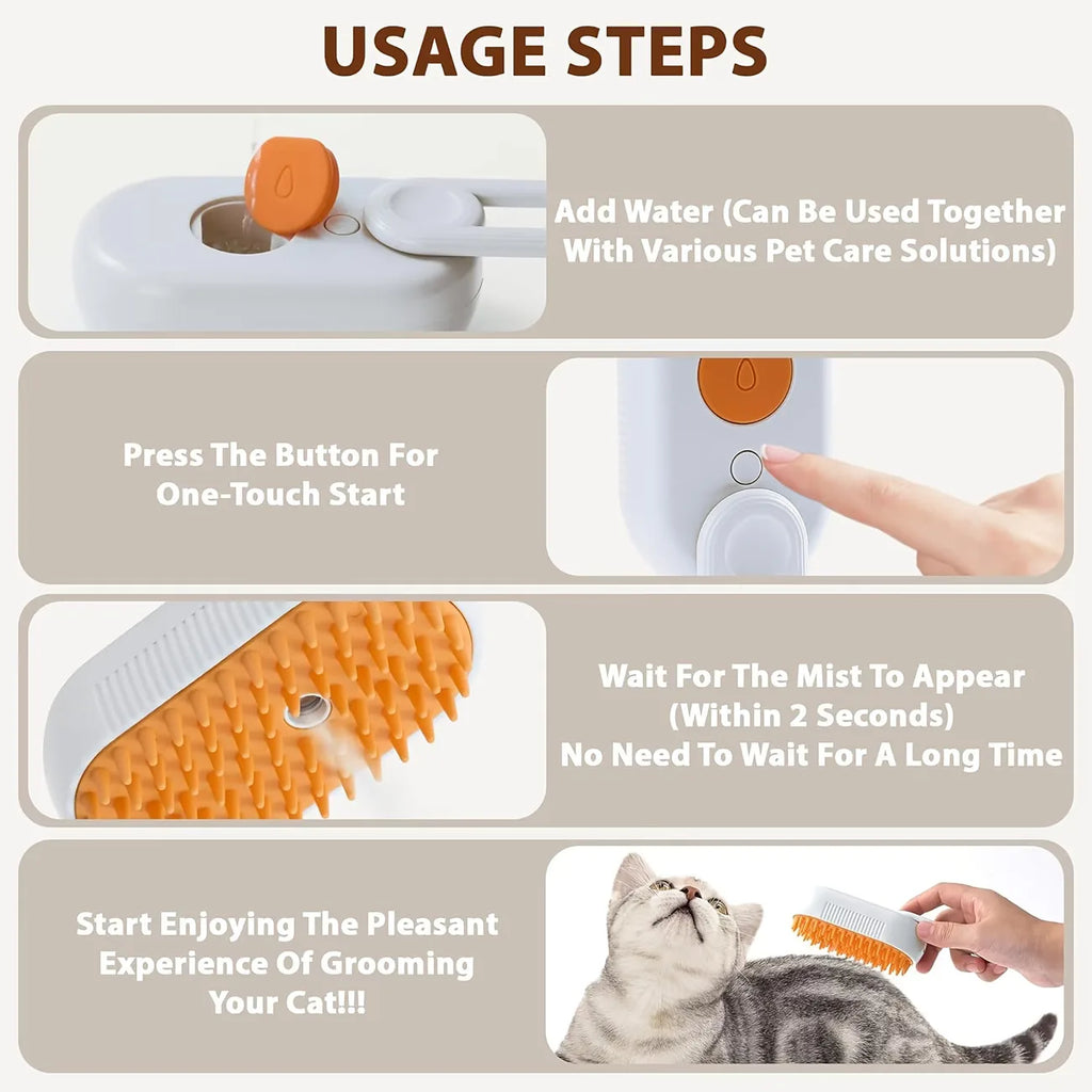 Pet Steam Spray Comb for Detangling and Deshedding No-Wash Grooming Brush for Cats and Dogs Home Use