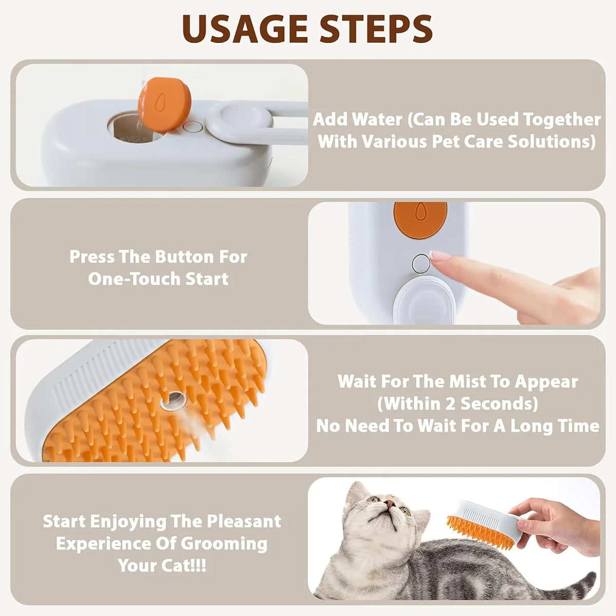 Pet Steam Spray Comb for Detangling and Deshedding No-Wash Grooming Brush for Cats and Dogs Home Use
