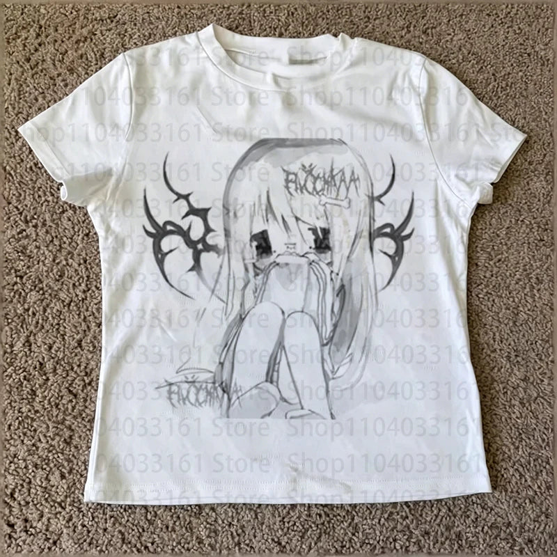 Y2k -shir T Shirt for Women 2000s Tops Woman T-shirts Grunge Clothes Y2k Kitty Female Clothing Crop Top Women Harajuku Kawaii