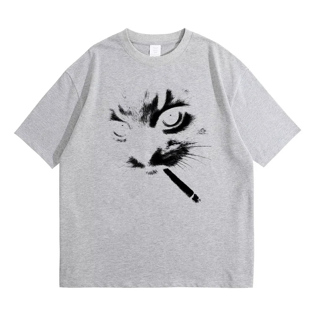 Funny Meme Smoking Cat Face Graphic T-shirts Men Women Casual Cotton Vintage T Shirts Men's Oversized T-shirts Cats Lovers Gifts