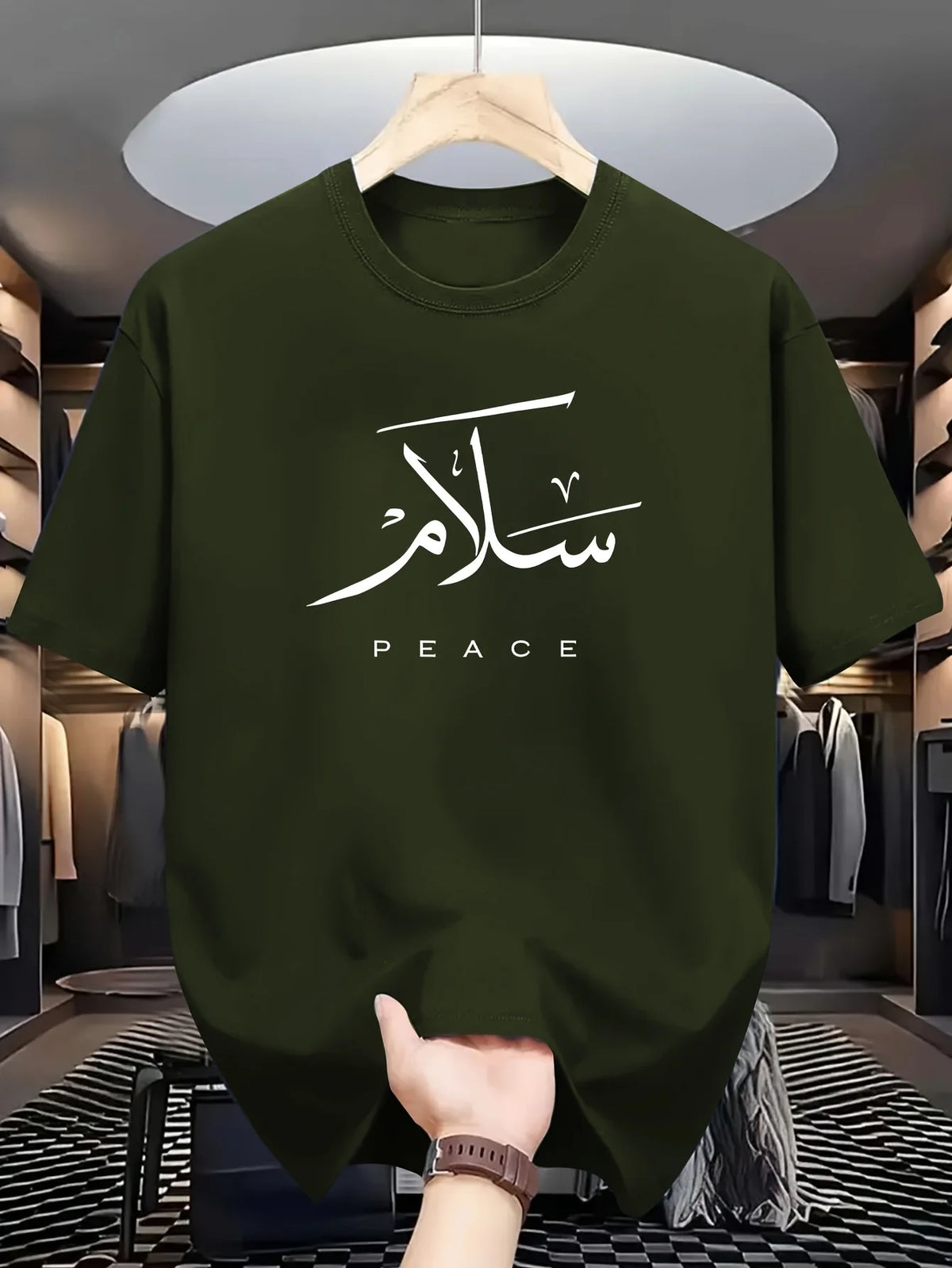 Arabic Calligraphy Peace Slogan Tee 100% Cotton Men's T-shirt Summer Minimalist Cultural Inspired Casual Urban Statement Top