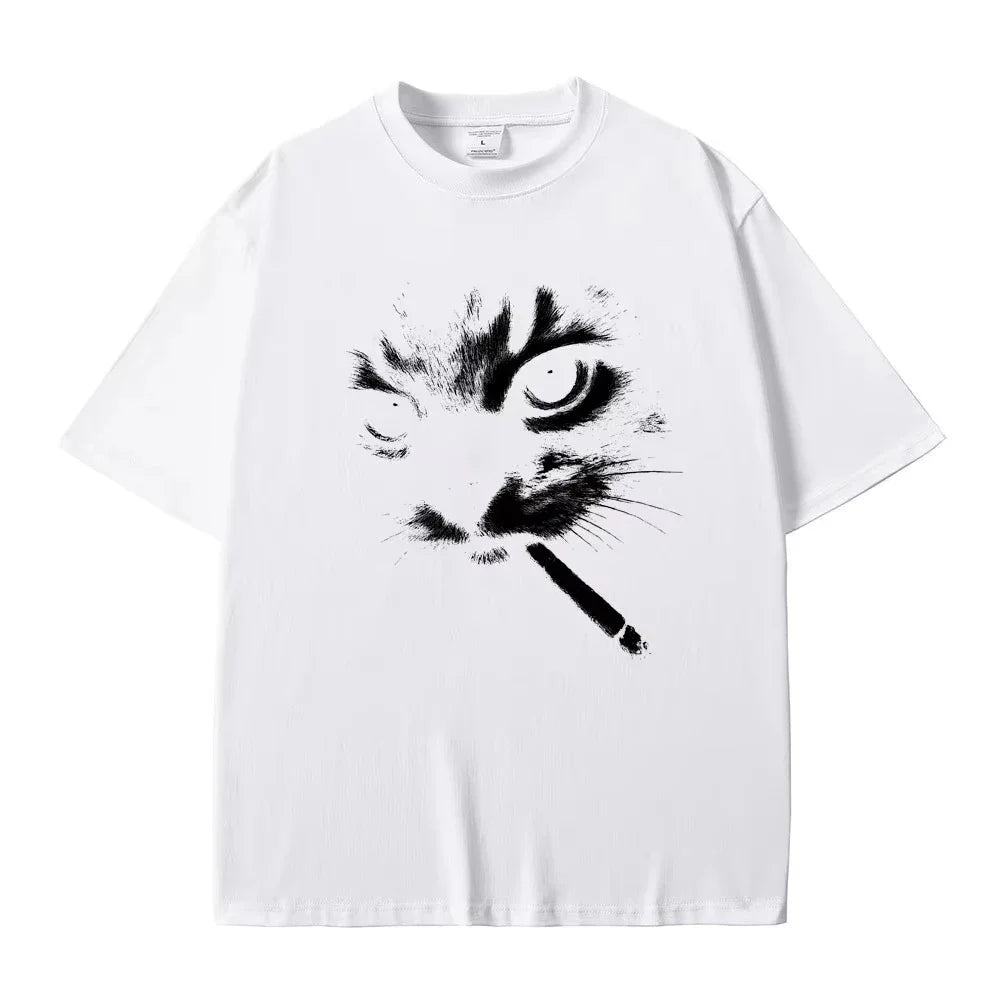 Funny Meme Smoking Cat Face Graphic T-shirts Men Women Casual Cotton Vintage T Shirts Men's Oversized T-shirts Cats Lovers Gifts