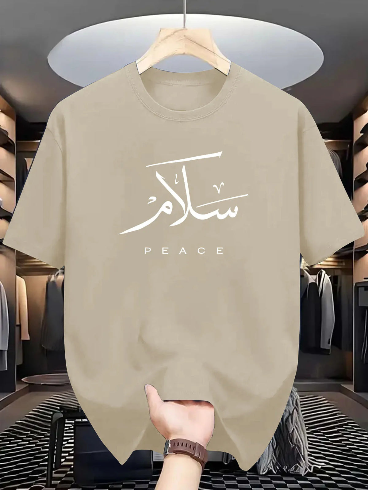 Arabic Calligraphy Peace Slogan Tee 100% Cotton Men's T-shirt Summer Minimalist Cultural Inspired Casual Urban Statement Top
