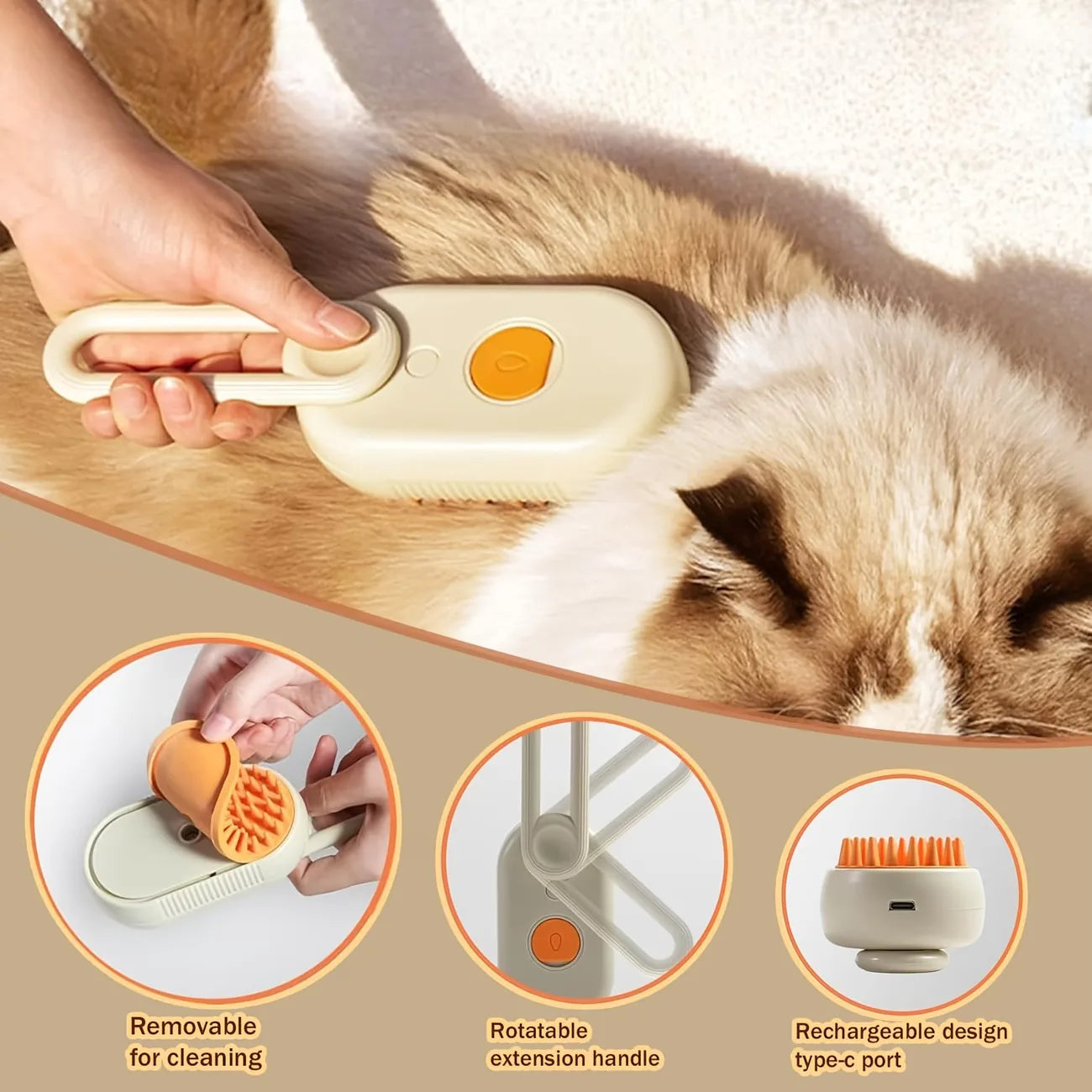 Pet Steam Spray Comb for Detangling and Deshedding No-Wash Grooming Brush for Cats and Dogs Home Use