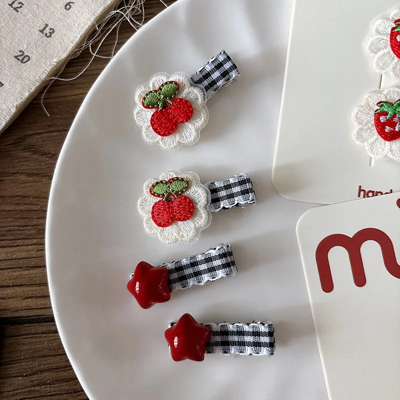 Plaid Red Lace Children Duckbill Clip Girls Embroidered Sweet Heart Hair Clip Children Cute Bangs Clips Headdress Kids Headwear
