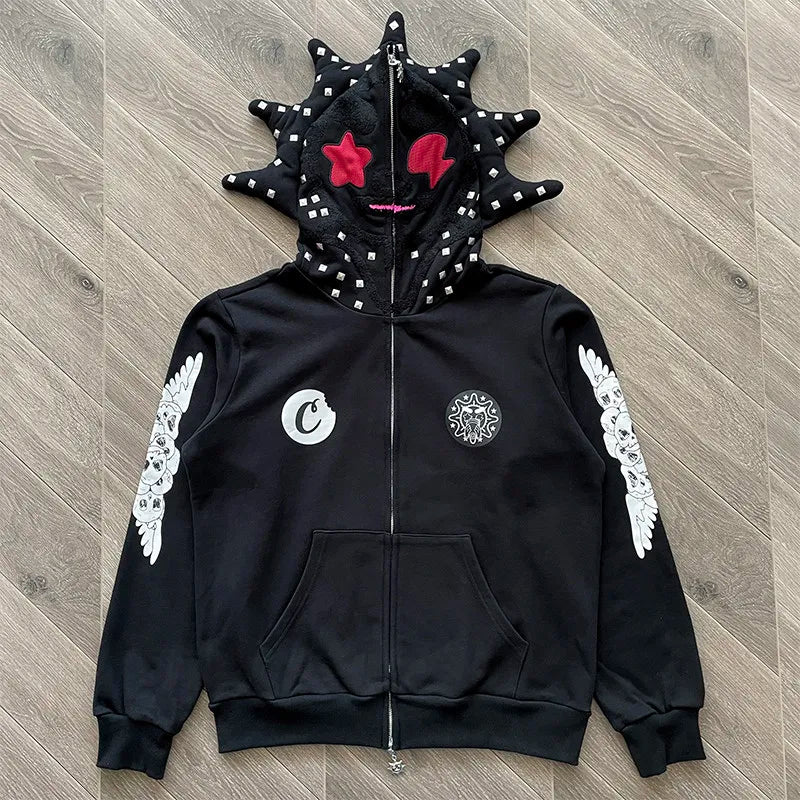 Halloween Glo Gang Zipper Hoodie Mesh Star Fish Corner Hat Men Women High Quality American Street Loose Sweatshirts Pullovers