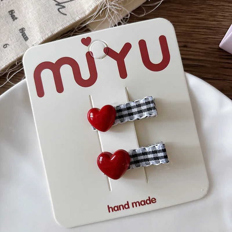 Plaid Red Lace Children Duckbill Clip Girls Embroidered Sweet Heart Hair Clip Children Cute Bangs Clips Headdress Kids Headwear