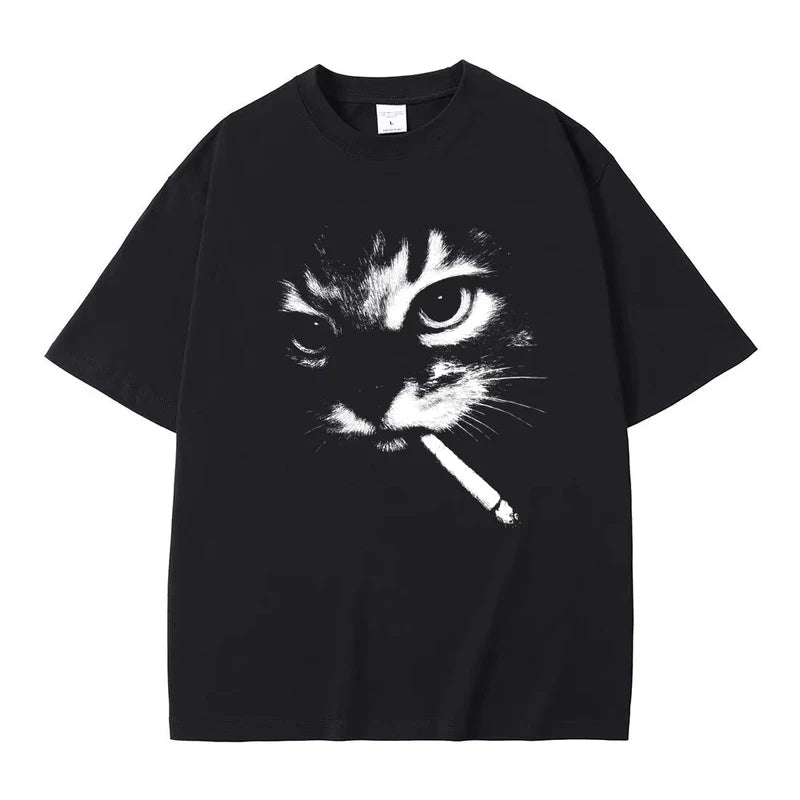 Funny Meme Smoking Cat Face Graphic T-shirts Men Women Casual Cotton Vintage T Shirts Men's Oversized T-shirts Cats Lovers Gifts
