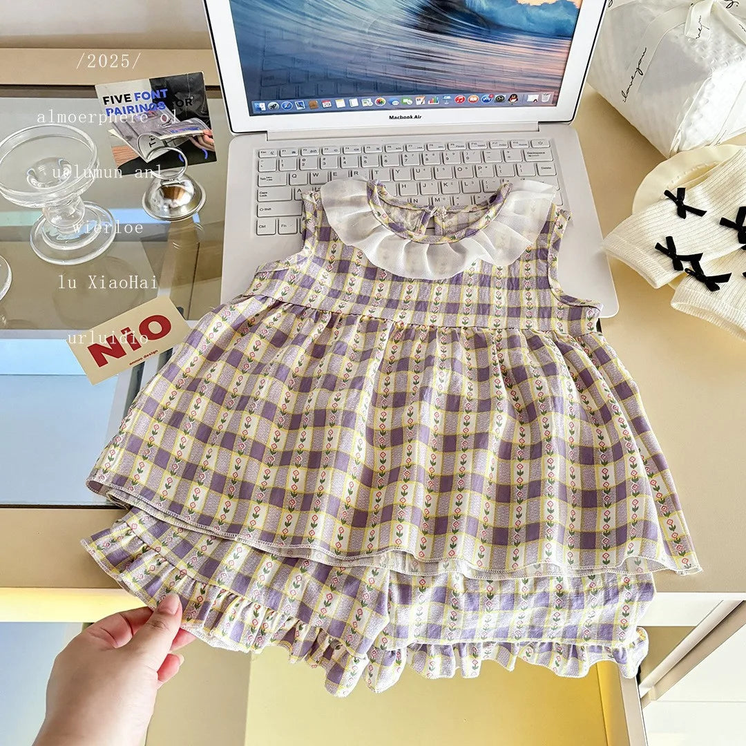 Two-Piece Set  Sleeveless Princess Dress with Floral Print, Summer Thin Outfit for Baby Girls Baby Girl Cute Floral Skirt