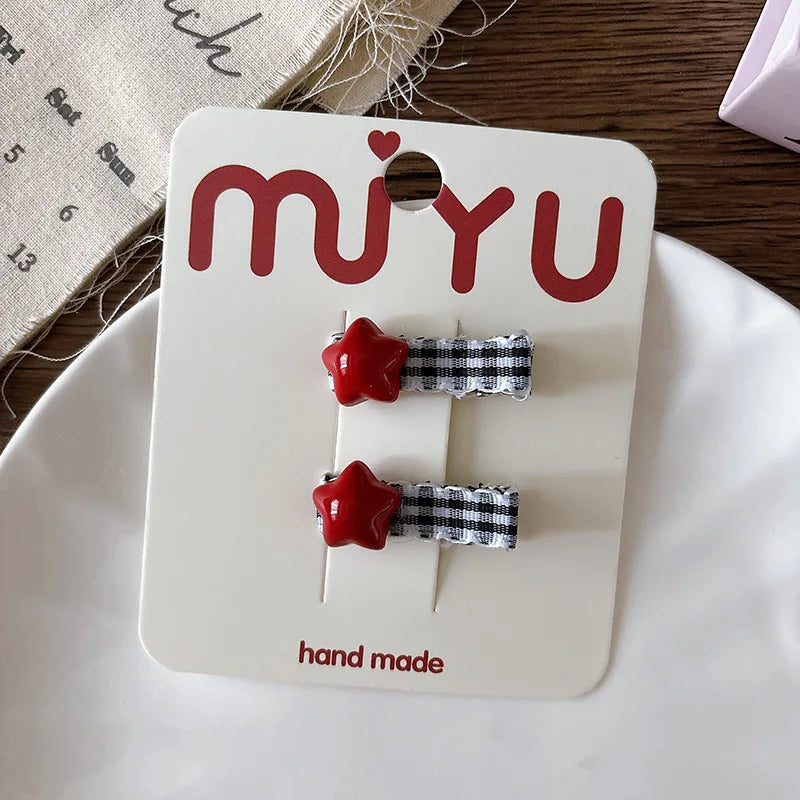 Plaid Red Lace Children Duckbill Clip Girls Embroidered Sweet Heart Hair Clip Children Cute Bangs Clips Headdress Kids Headwear
