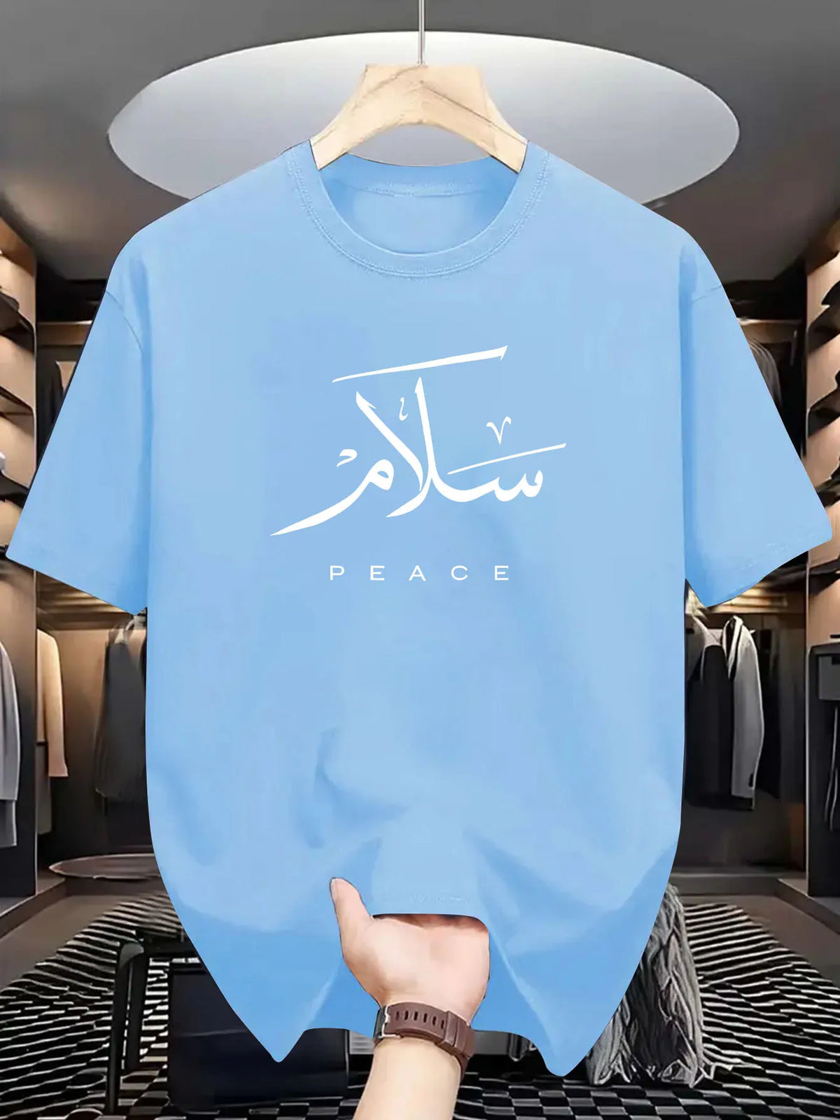 Arabic Calligraphy Peace Slogan Tee 100% Cotton Men's T-shirt Summer Minimalist Cultural Inspired Casual Urban Statement Top