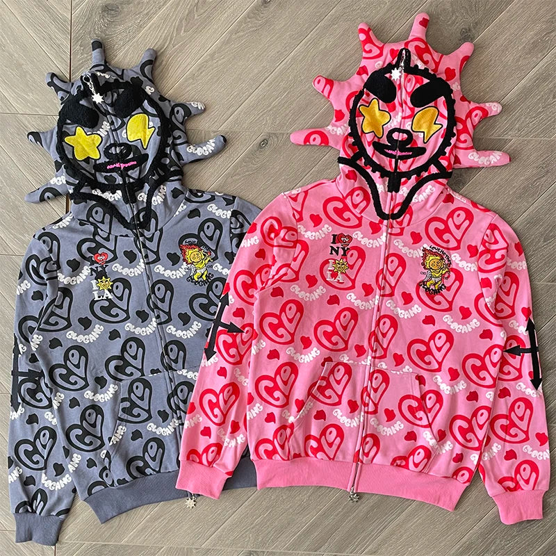 Glo Gang The Glory Drink Cartoon Printed Hot Diamond Zip Sweater