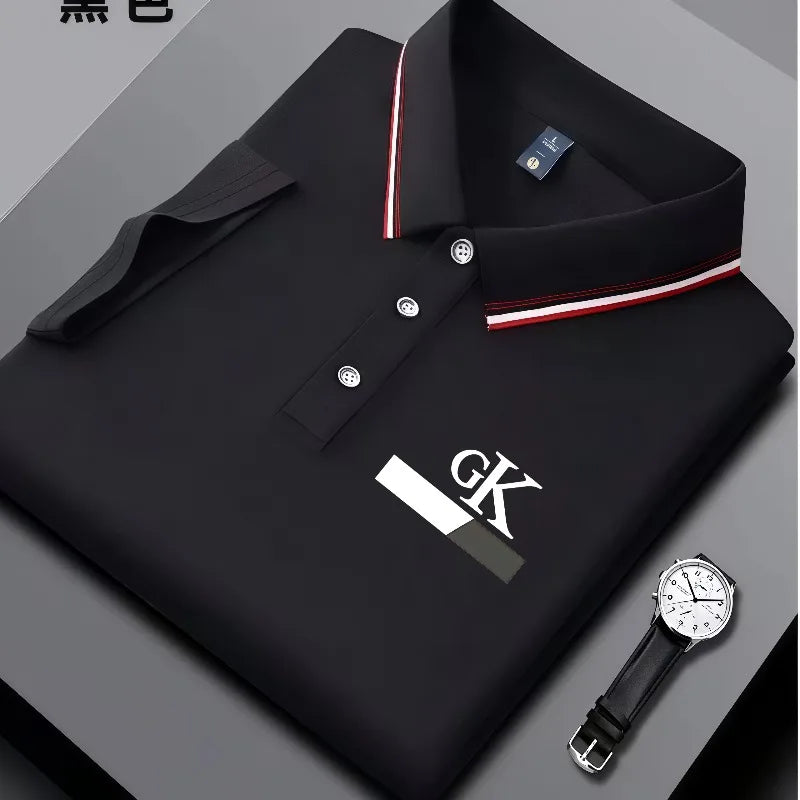 2026 new men's striped polo shirt, striped collar with GK printed letters, wrinkle resistant breathable top
